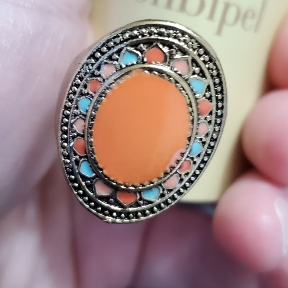 Gold tone peach blue pink enamel ring Size 6.5